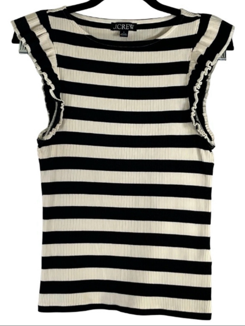 J. Crew Black & Cream Striped Cap, Ruffle-Sleeve Ribbed Top - EUC
